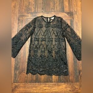 Vintage Black Sheer Beaded Embroidered Lace Dress